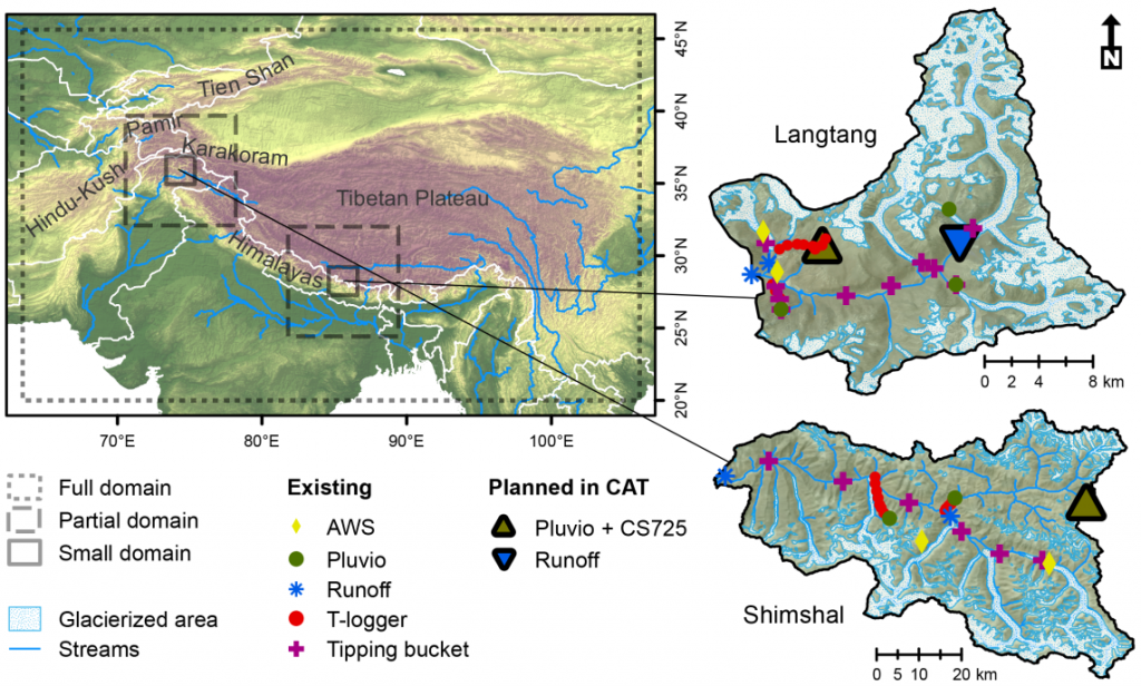 Map showing the modelling domains and the planned measurement equipment for the two study areas in the Himalaya and Karakoram. 